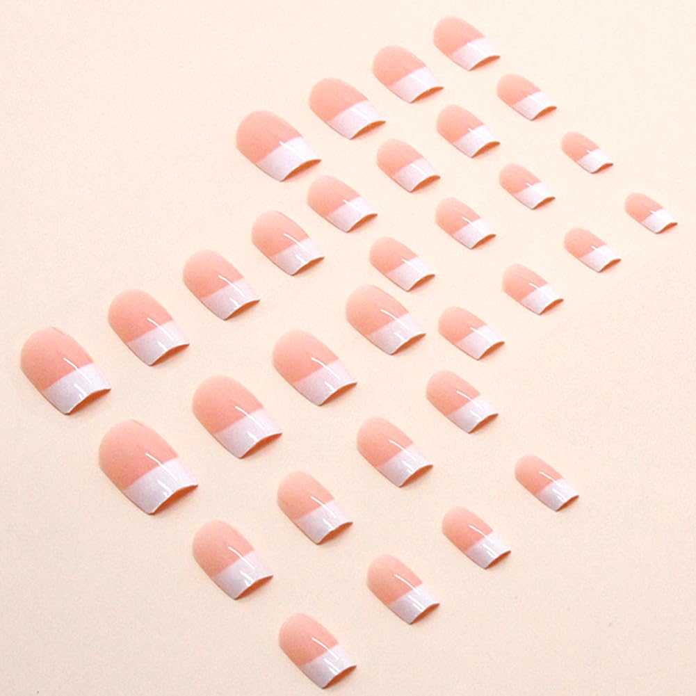 Hrnsnails Nails Press Ons, White French Tip Press On Nails Medium Square Fake Nails with Glossy Design, Artificial Press On Nail Kit Stick On Nails for Women-32Pcs - Image 3