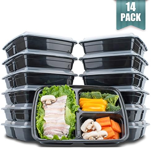 3 Compartment Meal Prep Food Storage Containers With Lids,38oz BPA Free Stackable &amp; Divided Lunch Containers,Thicker Than Other Bento Boxes, Microwave/Dishwasher/Freezer Safe,14 Pack by Langdeng