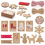 MerLerner 120 Pack Kraft Tags Christmas Gifts Hanging Paper Tags for Xmas Holiday Present Wrap (12 Brown Styles Designs with 65.6 Feet Hemp Rope/32.8 Feet Red and White Rope)