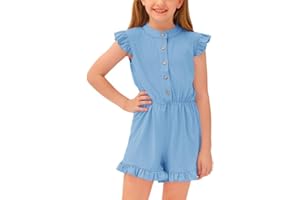 BesserBay Girl's Summer Ruffled Flutter-Sleeve Jumpsuit Button Down Crewneck Romper 5-14 Years