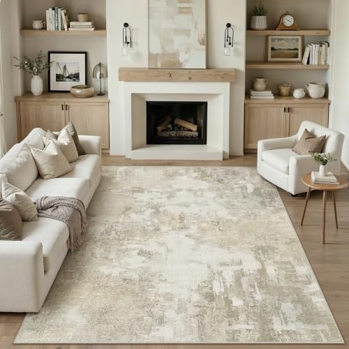 PureCozy Beige Abstraktes Teppich Wohnzimmer 200x300cm rutschfest Kurzflor Kunstwolle Schlafzimmer Teppich Waschbar Minimalistisch Bettvorleger Teppic