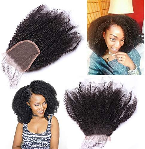 Youth Beauty Natural Looking 14" Mongolian Afro Kinky Curly 4b 4c Human Hair Lace Closure Size 4"x4"Bleached Knots Free Part Top Front Closure Natural Color For Blakc Women