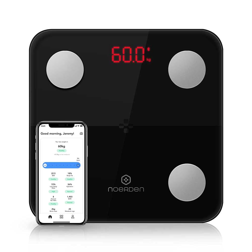 NOERDEN - Smart Body Scale MINIMI - Scale for Body Weight with Step-On Technology, Bluetooth, LED Display, Tempered Glass, BIA Advanced Technology, 4 Precision Sensors - 9 Biometrics Analysis - Black