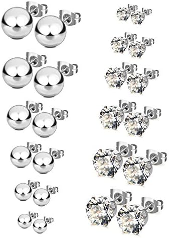 COSMOSTY Stainless Steel Womens Round Ball Stud Earrings Clear Cubic Zirconia Inlaid,3mm-8mm 12 Pairs