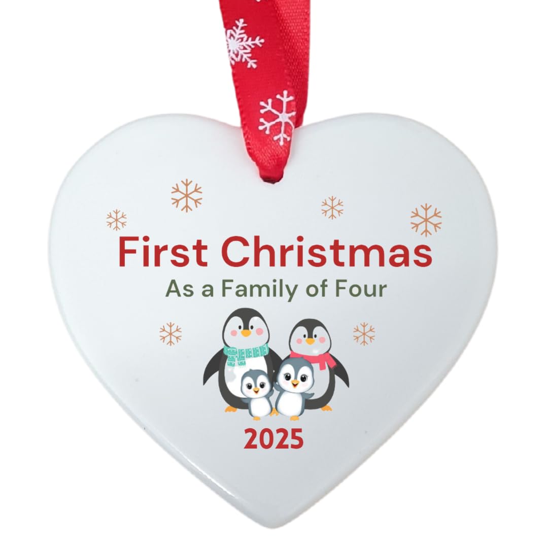 Second Ave First Christmas as a Family of Four Penguin Ceramic Hanging Heart Xmas Tree Decoration Bauble
