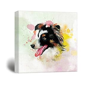 Square Dog Series Canvas Wall Art - A Border Collie Painting with Color Splash Background - Giclee Print Gallery Wrap Modern Home Art Ready to Hang - 12x12 inches