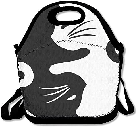 Resuable Lunch Bag Stylish Lunch Box for Work Polyester with Detachable Adjustable Shoulder Strap (White Black Couple Cat)
