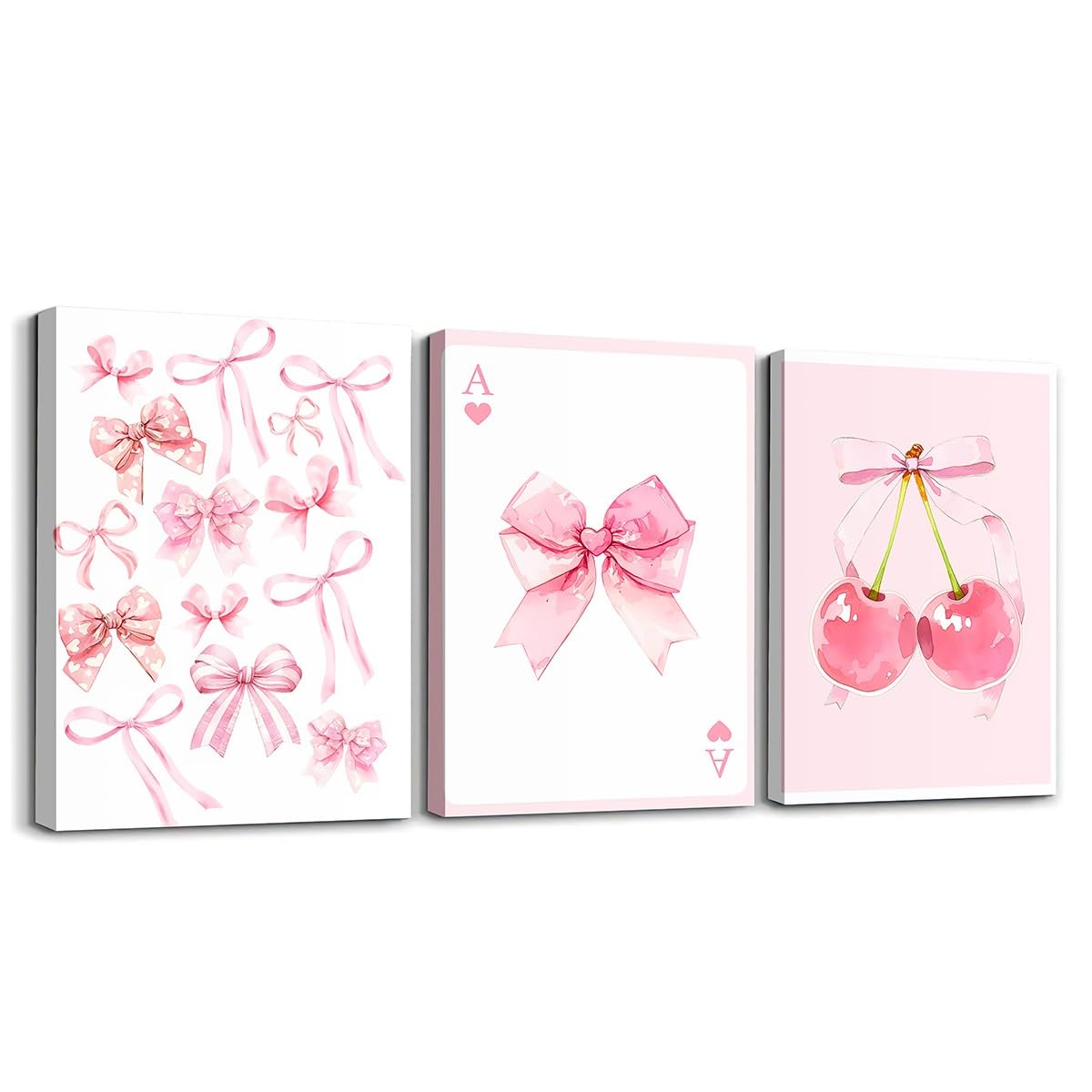 Erosebridal Pink Bows Canvas Wall Art Set Of 3, Modern Trendy Pink Cherry Wall Pictures, Watercolor Bowknot Poster Prints Preppy Girly Room Aesthetic Paintings For College Living Room Bedroom