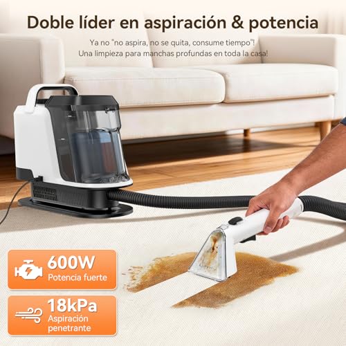 Uwant Y100 Aspiradora de Agua Tapiceria, 600W 18 kPa, Doble Depósito 1.2L y Autolimpieza, Higieniza 99.9% con Detergente 500ml y Cepillos, Limpiador de Tapicerías, Para Sofá, Alfombra y Colchón