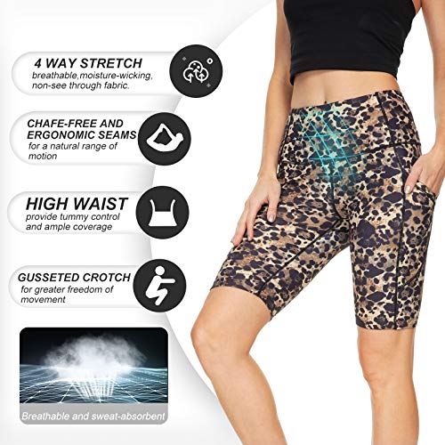 Running Shorts for Women High Waist Pants Yoga Leggings Biker Workout Shorts with 3 Pockets Regular Plus Size (Khaki Leopard Print XS)