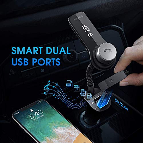 VicTsing Bluetooth FM Transmitter for Car, Wireless in-Car Radio Adapter, Music MP3 Player Car Kit with Power Off, Stereo Sound, Hands-Free Calls and 2 USB Ports Support USB Flash Drive