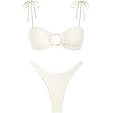 ZAFUL Women's Sexy Tie Spaghetti Strap Bikini Textured O Ring Ruched High Leg Swimsuit Cheeky Bathing Suits