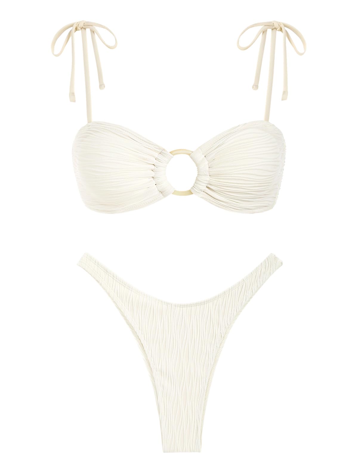 Photo 1 of ZAFUL Women's Sexy Tie Spaghetti Strap Bikini Textured O Ring Ruched High Leg Swimsuit Cheeky Bathing Suits (White, L)