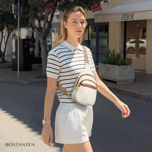 BOSTANTEN Bolsa tiracolo feminina pequena de couro PU com alça larga ajustável, proteção RFID, bolsos múltiplos e bolso traseiro antifurto