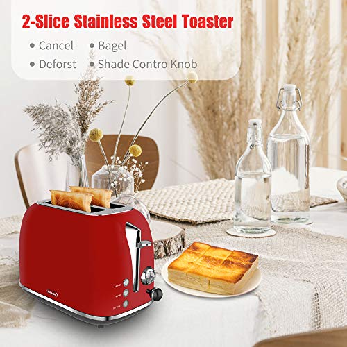2 Slice Toaster, KitchMix Retro Stainless Steel Bread Toasters with 6 Settings, 1.5 In Extra Wide Slots, Bagel/Defrost/Cancel Function, Removable Crumb (Red)