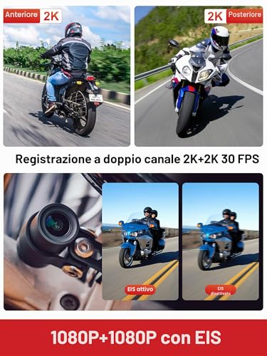 K7 Front and Rear Dash Cam with EIS Anti-Shake 2K + 2K @ 30FPS or 1080P + 1080P @ 60fps Motorcycle Camera, GPS, Wi-Fi, 24 Hours G-Sensor, Waterproof Motorcycle Camera Support 512GB Max