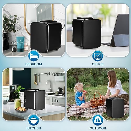 Simple Deluxe Mini Fridge, 4L/6 Can Portable Cooler & Warmer Freon-Free Small Refrigerator Provide Compact Storage for Skincare, Beverage, Food, Cosmetics, 4 L, Black