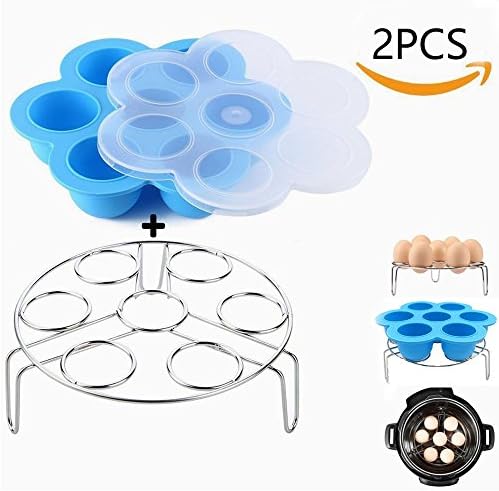 Blue Silicone Egg Bites Molds With Stainless Steel Egg Steamer Rack for Instant Pot Accessories, Fits Instant Pot 5,6,8 qt Pressure Cooker Food Steamer, Vegetable Steam Rack Stand