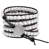 Aobei Long 5 Row Cultured Freshwater Pearls Wrap Around Bracelet Beaded Leather Jewelry
