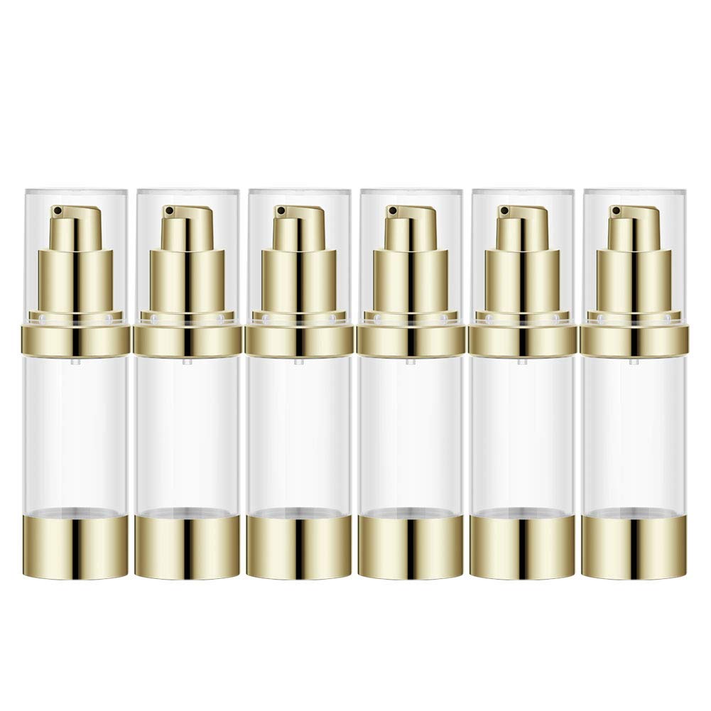 1Oz Refillable Airless Pump Bottle, Travel Lotion Container, Plastic Cosmetic Dispenser (6PCS,Light Gold)