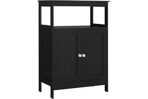 Iwell Bathroom Floor Cabinet, Bathroom Storage Cabinet with Double Door & Adjustable Shelf, Storage Cabinet for Bathroom, Living Room, Black