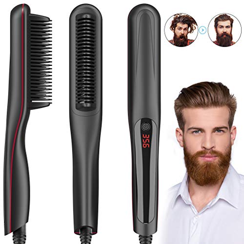 Beard Straightener for Men, Multifunctional Hair Straightening Brush with LED Display/Auto Shut Off/3 Heat Settings/Anti-scalding Comb Teeth/110-240V for Travel & Home By Duomishu