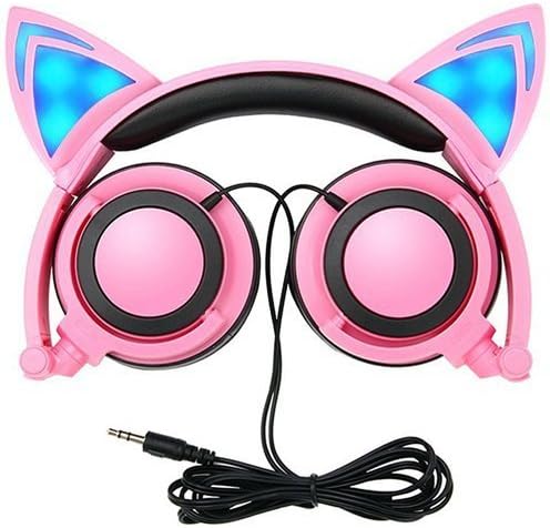 Headphones for Girls,JEAVER Foldable Flashing Glowing Cat Ear Headphones Headset with LED Light for PC Laptop Computer Mobile Phone Sport Earphone - Pink