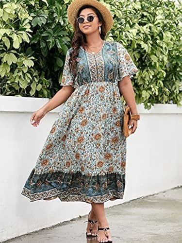 Floerns Women's Plus Size Boho Floral V-Neck Long Dress - Short Sleeve A-Line Maxi Dress