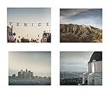California Los Angeles Wall Art, Hollywood Studio Downtown Iconic Landmark Decor, Set of 4 8x10 Matted Prints 'Goodnight La La Land'