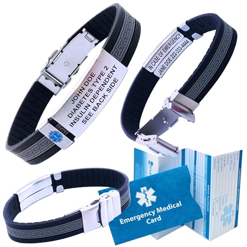 Designer Medical ID Bracelet – Ultra Slim, Hypoallergenic Waterproof Silicone Wristband – Custom Engraved Stainless Steel Plate, Emergency Medical Card, and 12-Month Personal Health Record Access