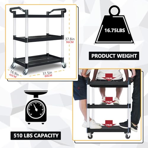 3-Tier Utility Carts with Wheels, Black Rolling Service Cart or Office Warehouse Garage Workshop Restaurant, 400lbs Capacity 80 * 42 * 96Cm