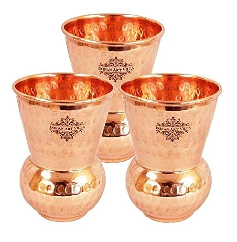 IndianArtVilla Copper Mathat Glass Tumbler Set, Hammer Design, 3 Pieces, 300 ML Each