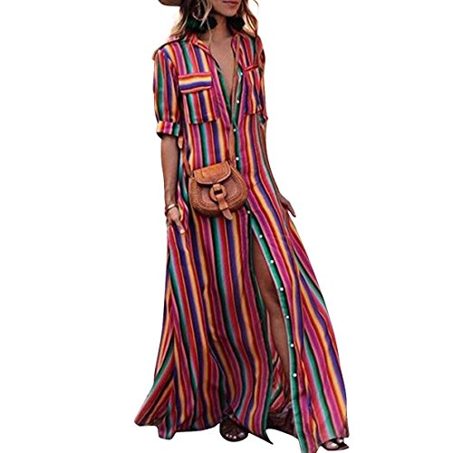Honwenle Women Button Down Short Sleeve Rainbow Stripes Pocket Vacation Boho Maxi Dresses
