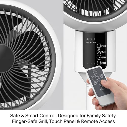 Pedestal Air Circulator Fan with Remote Control, Smart 3D Oscillation Cooling Fan for Bedroom Home Office, 3 Speeds, 7.5H Timer, 46 to 92cm 3-Way Adjustable Height Table Standing Fan, White