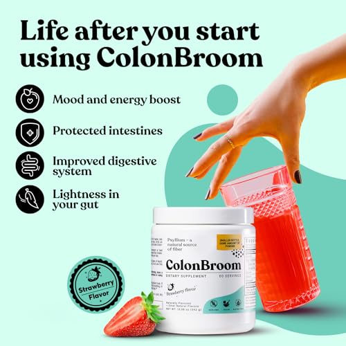 ColonBroom Psyllium Husk Powders (Strawberry, 120 Servings) - Colon Cleanse for Bloating Relief & Gut Health - Colon Broom Fiber Powder Drink - Vegan, Gluten Free, Non-GMO Fiber Powder Supplement