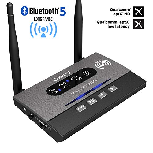 Golvery Long Range Bluetooth 5.0 Transmitter/Receiver/Bypass 3-in-1 Wireless Audio Adapter for TV Home Audio Stereo System, AptX HD&Low Latency, NFC Link, Full Aux RCA Optical Toslink Port Support