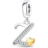 Pandach 925 Sterling Silver Alphabet Initial Letters Charms Complete A-Z Solid Silver Cubic Zircons Beads Dangle Pendants for European Bracelets Necklace Women Holiday Gifts