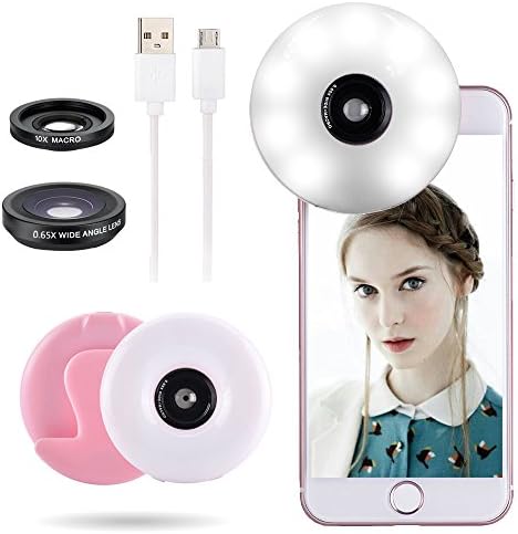 3 in 1 Rechargeable Selfie Ring Light Lens For Phone, Quarkware Clip On 3 Lighting Levels Selfie Warm White LED Bright Ring Light w/ Telephoto Wide Angle Macro Lens for Smart Cell Phones (Pink)