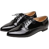 SHEMEE Women's Patent Leather Pointed Toe Flat Oxfords Pumps Vintage Wingtip Low Heels Lace Up Retro Brogues Dress Shoes