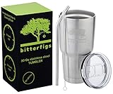 Bitterfigs Stainless Steel Tumbler Cup 30 oz, Set of Splash Resistant Sliding Lid, Straw and Brush, Best Double Wall Vacuum Insulated Travel Coffee Mug