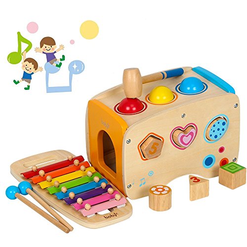 Wondertoys Wooden Toddlers Musical Toys Pound & Tap Bench Slide Out Xylophone with Mallet 3 Balls Shape Sorter Early Development Games for Toddler