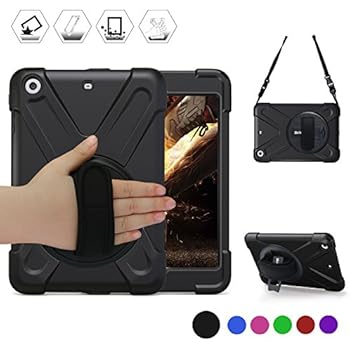 BREACN iPad Mini Case [iPad Mini 3 Case][iPad Mini 2 Case] Full Body [Shock Proof for Kids Case] -360 Degrees Swivel Stand and Hand Grip Strap/a Shoulder Strap for ipad Mini case for Kids Black