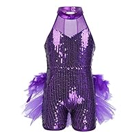 iEFiEL Kids Girls Sequins Hip-Hop Jazz Ballet Latin Dance Dress Leotard Jumpsuit Street Stage Performance Costume Purple 6-7