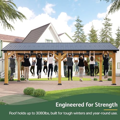 Jocisland 12'x24' Cedar Wood Hardtop Gazebo with Steel Roof, Waterproof Outdoor Carport Pavilion, Heavy-Duty Snow & Wind Resistant Canopy for Patio, Driveway, Garden