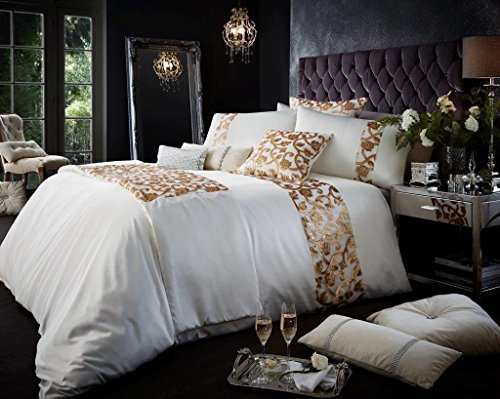 Duvet Quilt Cover and Pillowcases Set Polyester/Satin with Sequins (Katie Cream/Gold, King Duvet Set)