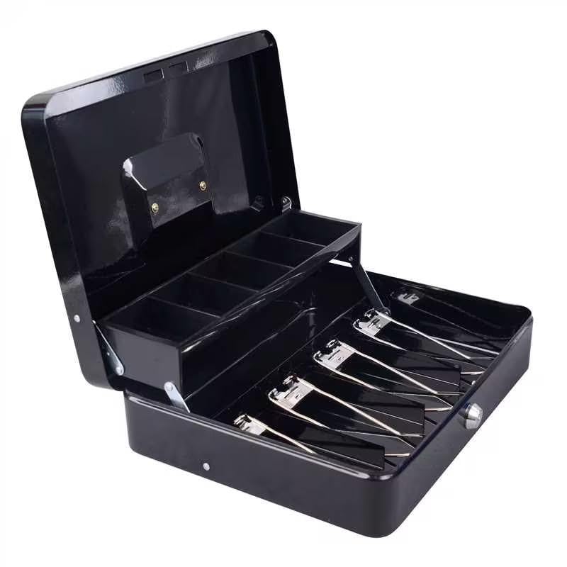 igadgitz home U7263 Metal Cash Box with Keys, Cantilever Coin Tray and Spring-loaded clips, Petty Cash Tin, Money Tin - Black