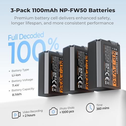 K&F CONCEPT 3-Pack NP-FW50 Battery and Upgraded 3-Slot ZV-E10 Battery Charger Compatible with Sony Alpha A6400 A6000 A6300 A6500 A5000 A5100 A7 A7II A7R A7RII A7S A7SII RX10 II III IV Cameras
