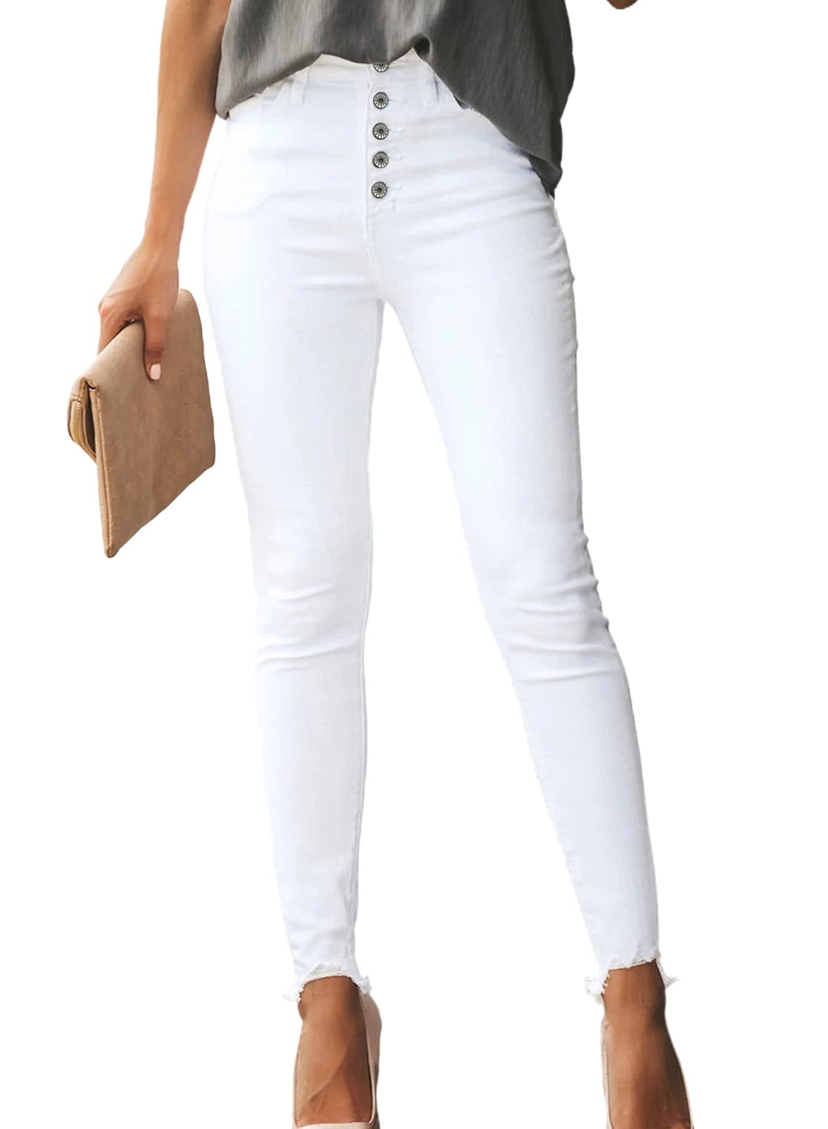 Sidefeel Women's White Jeans High Waisted Skinny Button Fly Raw Hem ...