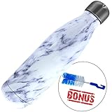Stainless Steel Water Bottle + Bonus Cleaning Brush! Unique and Great Gift Idea for Mom, Dad, Son or Daughter (White Marble, 17 Oz)