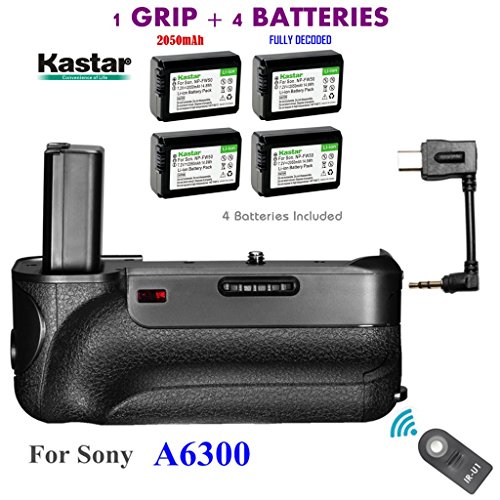 Kastar Infrared Remote Control Professional Vertical Battery Grip (Built-In 2.4G Wireless Contro) + 4 x NP-FW50 Replacement Batteries for Sony ILCE-A6300 / A6300 Digital SLR Camera